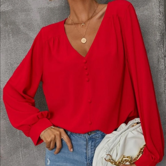 Boho dusty pink V neck button detail blouse - Picture 2 of 15